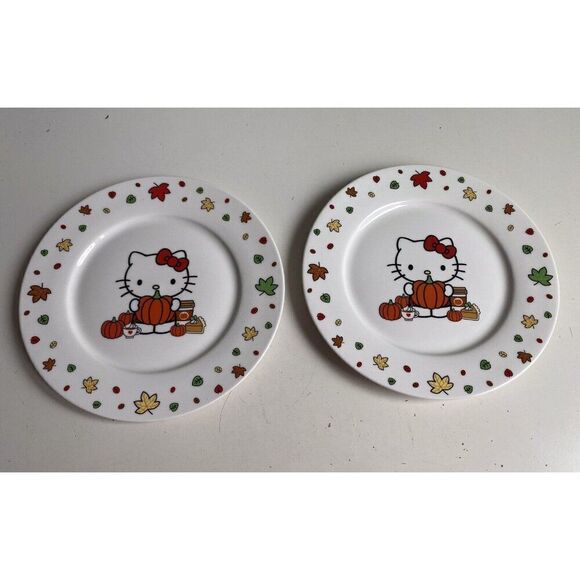 Set Of 2 Hello Kitty Harvest Fall SALAD DESSERT PLATE Autumn Leaves Ceramic NEW - Picture 1 of 11